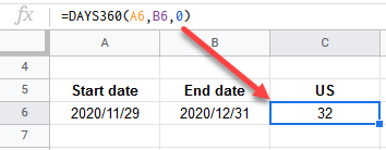 google sheets DAYS360 FUNCTION 1