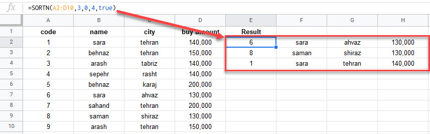 google sheets SORTN function