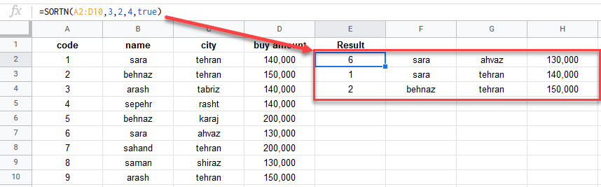 google sheets SORTN function