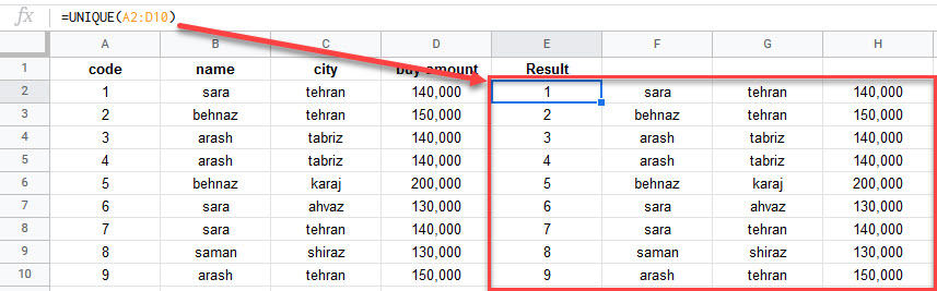 google sheets UNIQUE function