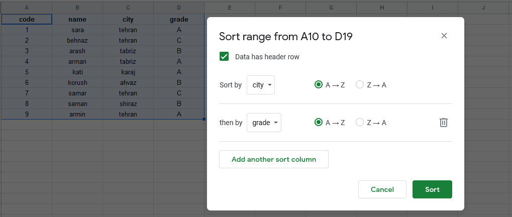 google sheets menu data sort