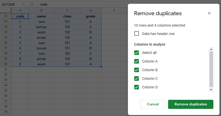 google sheets menu data remove duplicates 3