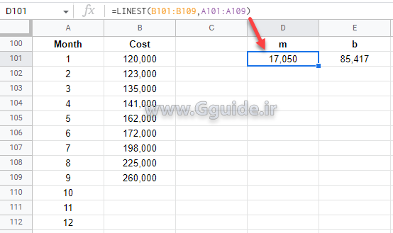 google sheets LINEST function 2