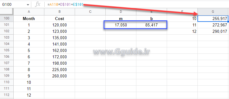 google sheets LINEST function 3