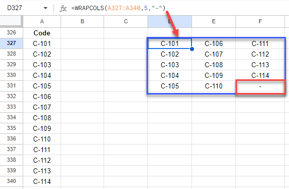 google sheets WRAPCOLS function 3