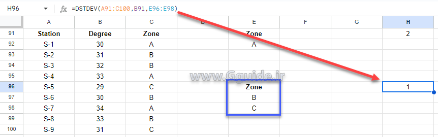 google sheets DSTDEV function 3