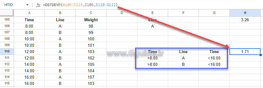 google sheets DSTDEVP function 3