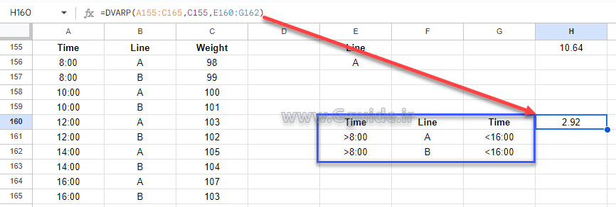 google sheets DVARP function 3