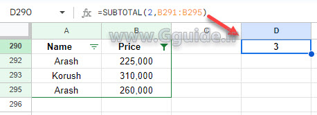 google sheets SUBTOTAL function 3