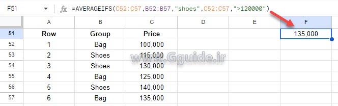 google sheets AVERAGEIFS function