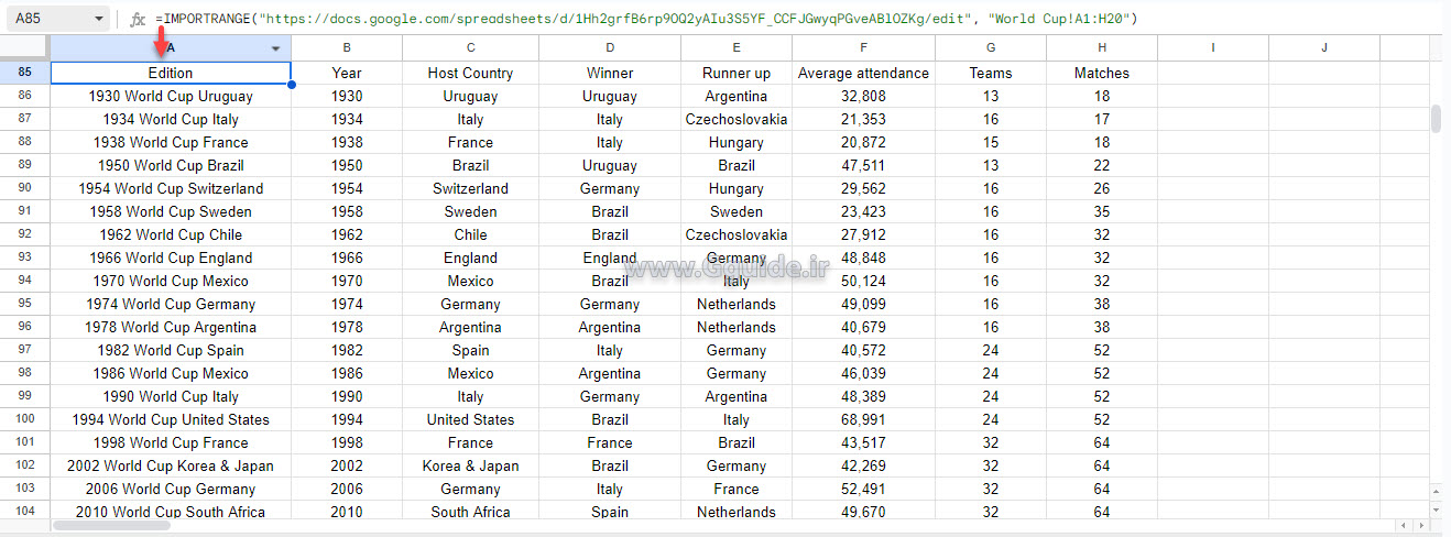 google sheets IMPORTRANGE function