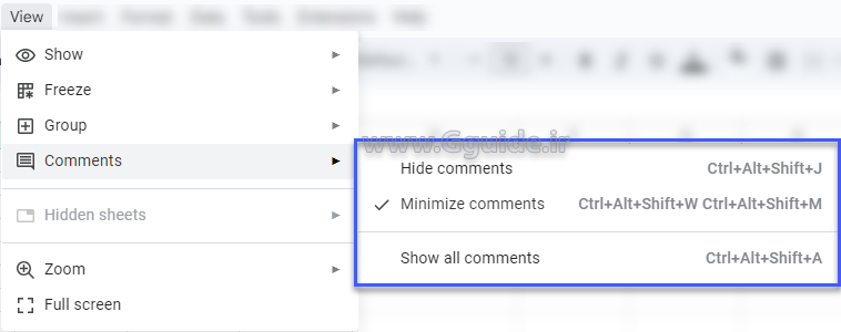 گزینه comments از منوی view در گوگل شیت 1