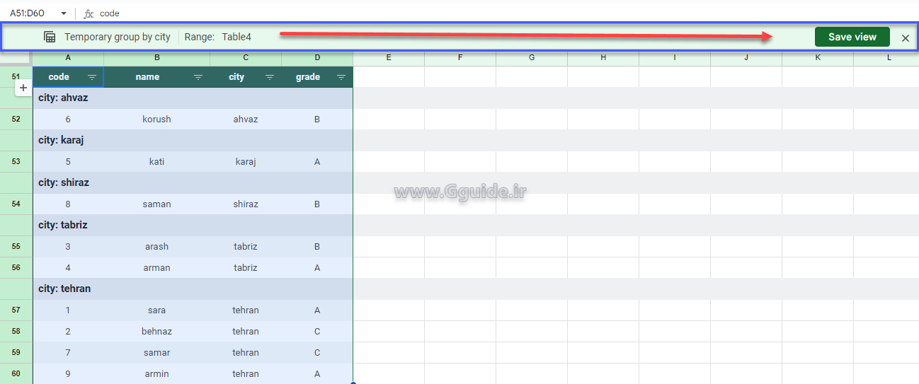 کاربرد گزینه create group by view از منوی data در گوگل شیت 3