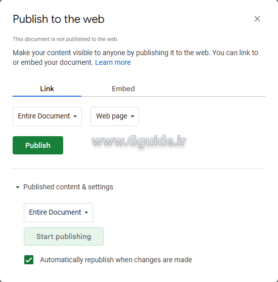 گزینه Publish to web در گوگل شیت 1