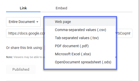 گزینه Publish to web در گوگل شیت 2