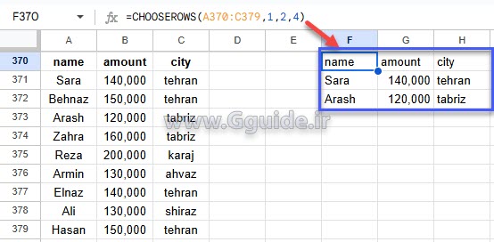 آشنائی با تابع CHOOSEROWS در گوگل شیت (Google Sheets)